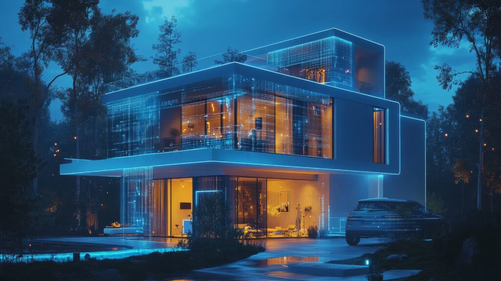 Modern home with integrated smart home automation systems, showcasing smart lighting, heating controls, and advanced technology for enhanced convenience and energy efficiency