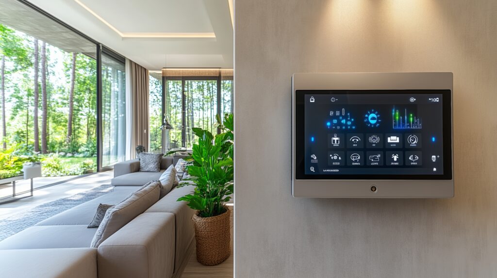 Modern smart home control panel displaying various information in luxurious living room