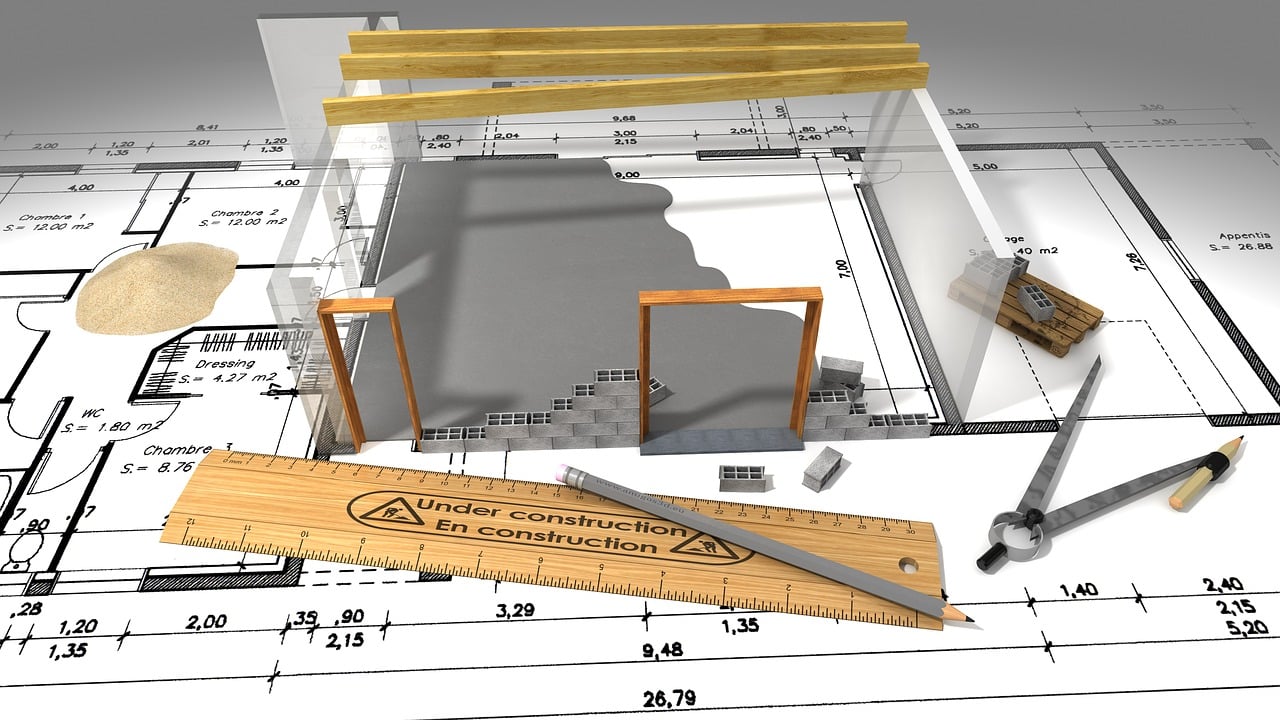 Mix of 2D plans and 3D building