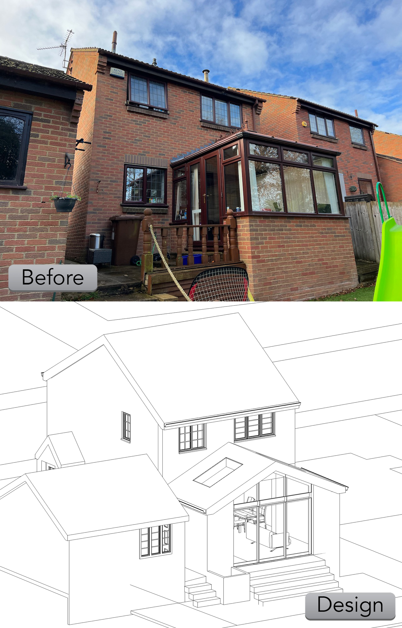 Before and After of a single storey rear extension to a detached house in Chatham, Medway, Kent