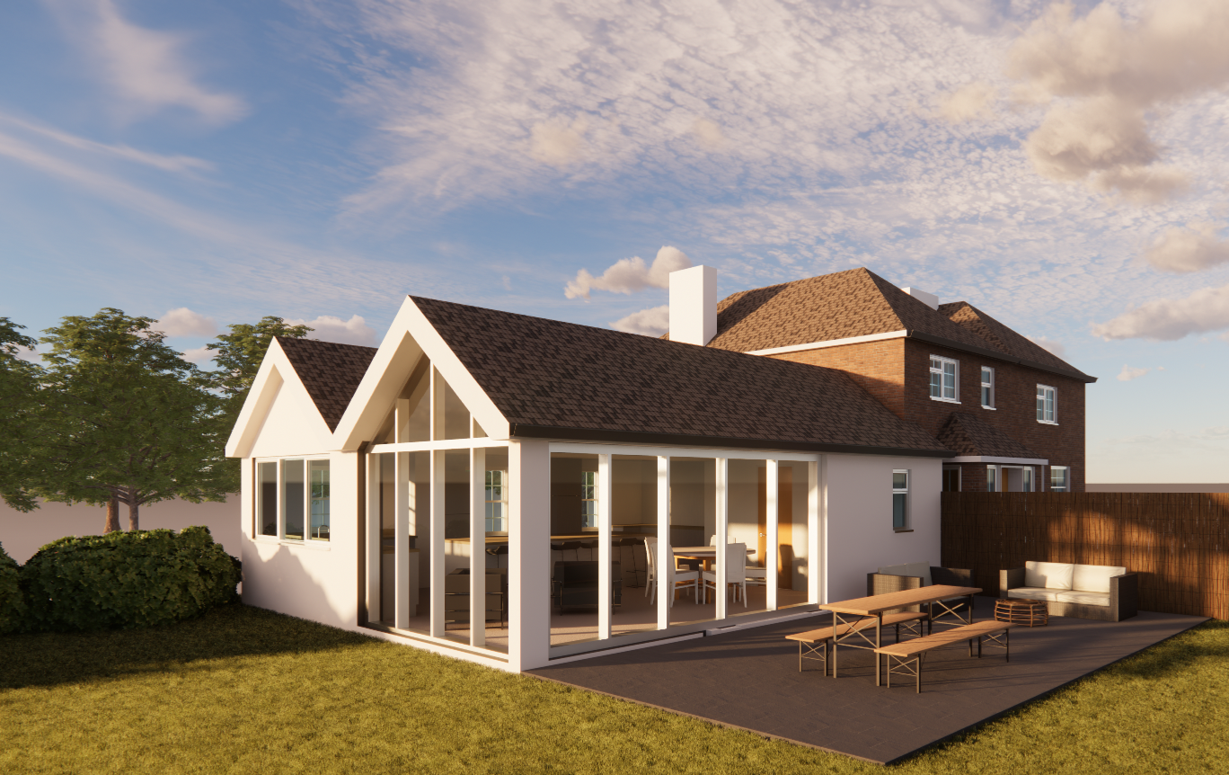 Modern rear extension to cottage in Kent. Lots of high quality glazing, white render and open plan layout