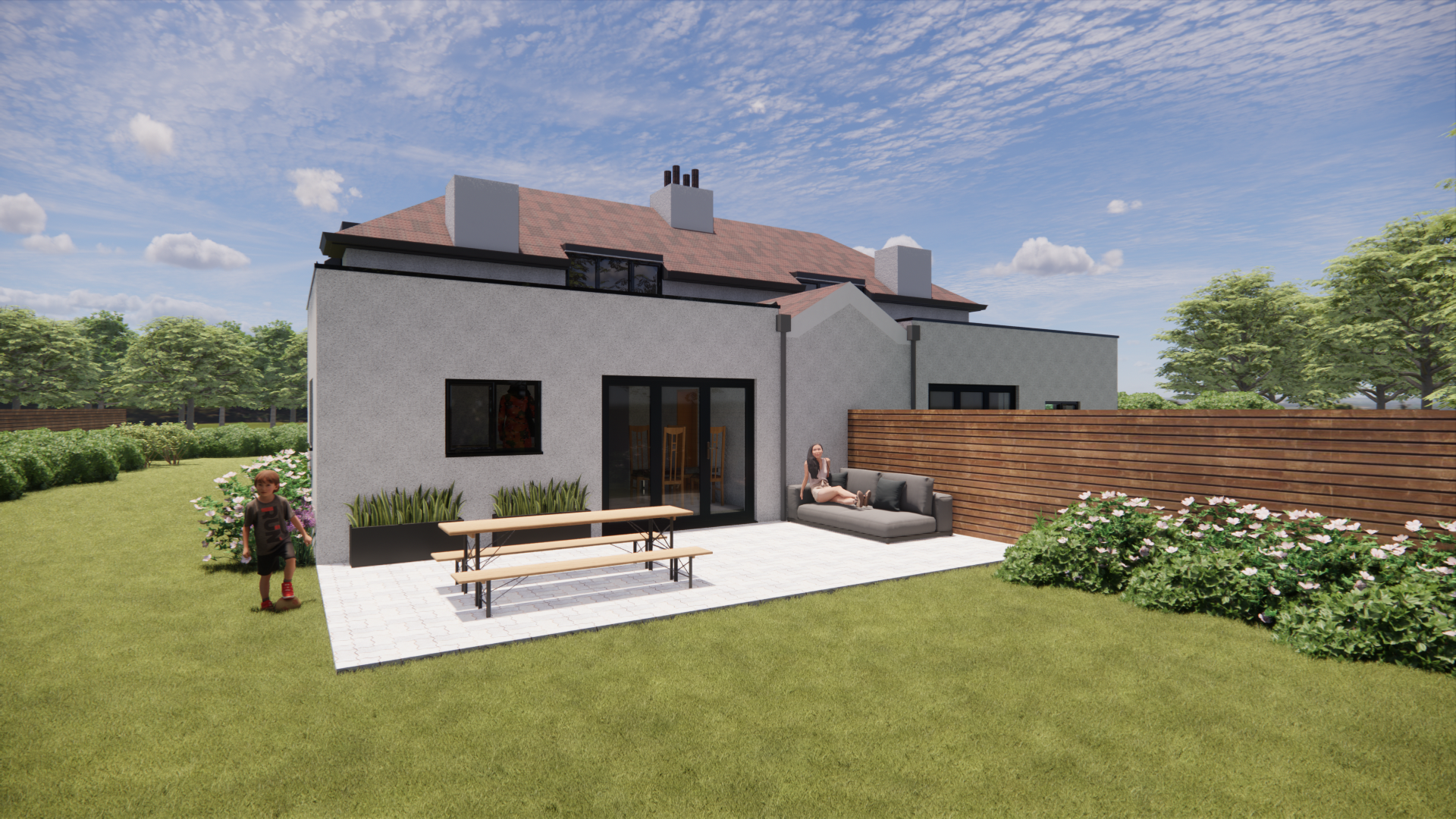 Marketing render of refurbished cottages with modern design elements in Kent