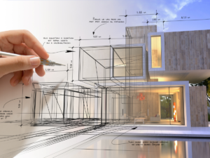 Architectural design process showing a blend of hand-drawn sketches and a 3D model, illustrating the creative and technical expertise of an architect in home renovation and new build projects.