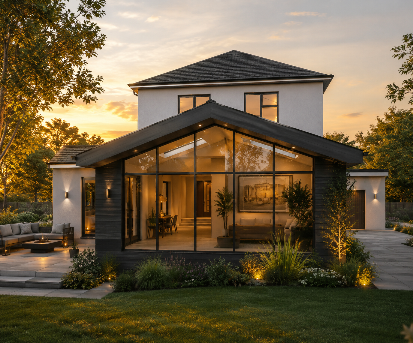 Rear Glazed Extension in Dark cladding An image of a rear extension to a detached house surrounded by landscaping features at golden hour