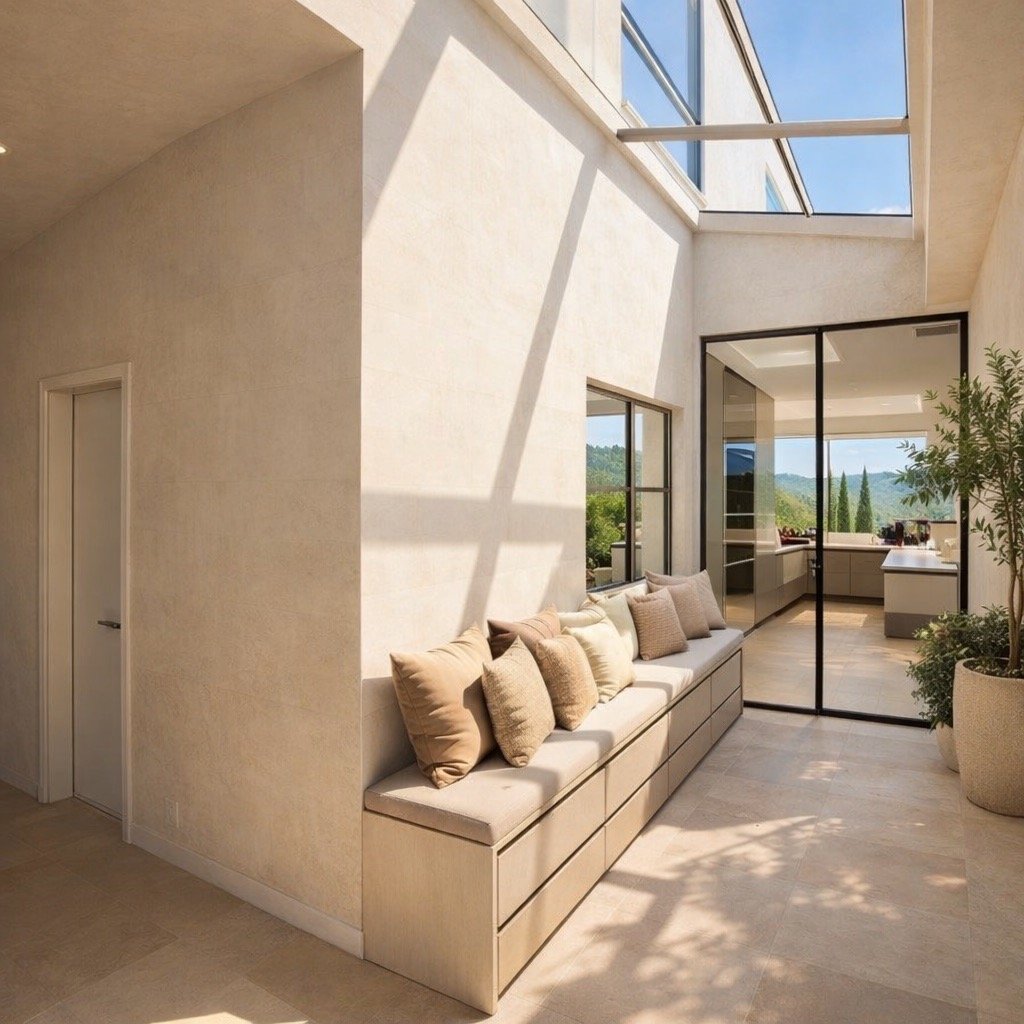 Internal View of Glazed side roof extension with mediterranean feel Internal view of a glazed roof side extension looking through the house into the garden